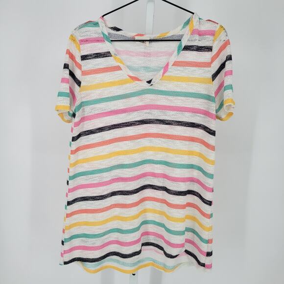 Bibi Womens Sz M Short Sleeve V Neck Rainbow Stripe Shirt Loose Knit - Picture 1 of 4